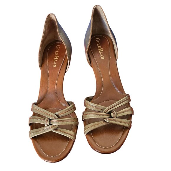 Cole Haan Womens Leather Kitten Heel Open-Toe Sandals Size 7AA Brown/Gold - Picture 1 of 6